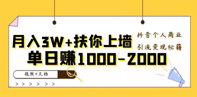 （1098期）月入3W+扶你上墙，抖音个人商业引流变现秘籍，单日赚1000-2000（视频+文档)